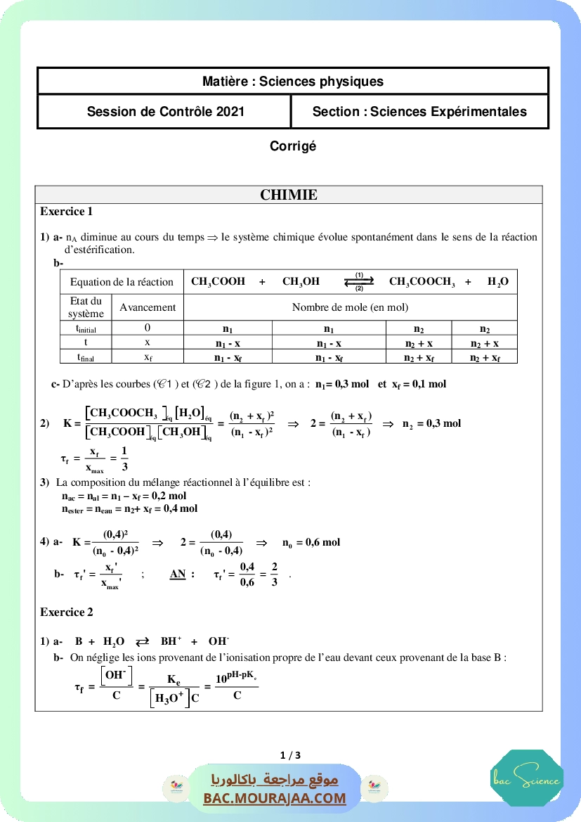 Corrigé controle physique Bac 2021 – Section science